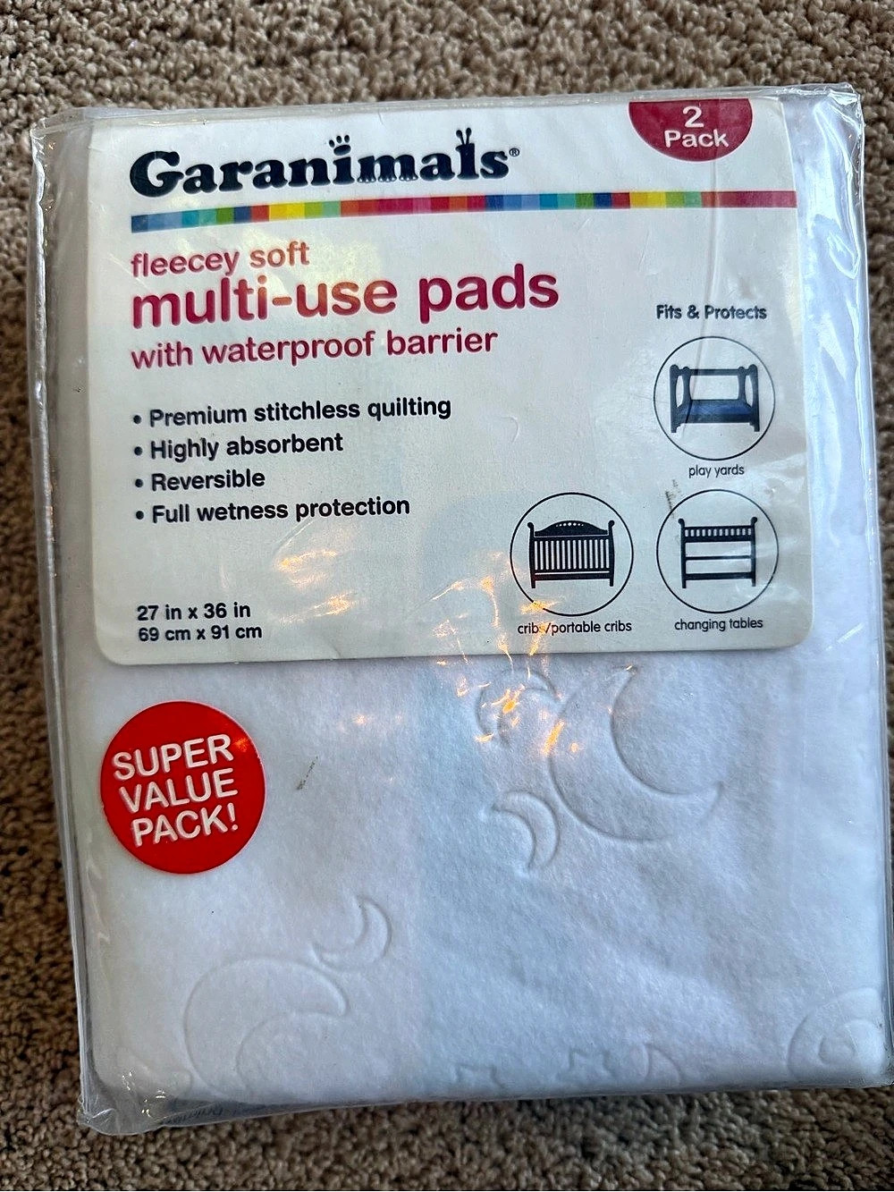 Garanimals Fleece Soft Multi-Use Pads with Waterproof Barrier White 2-Pack NWT
